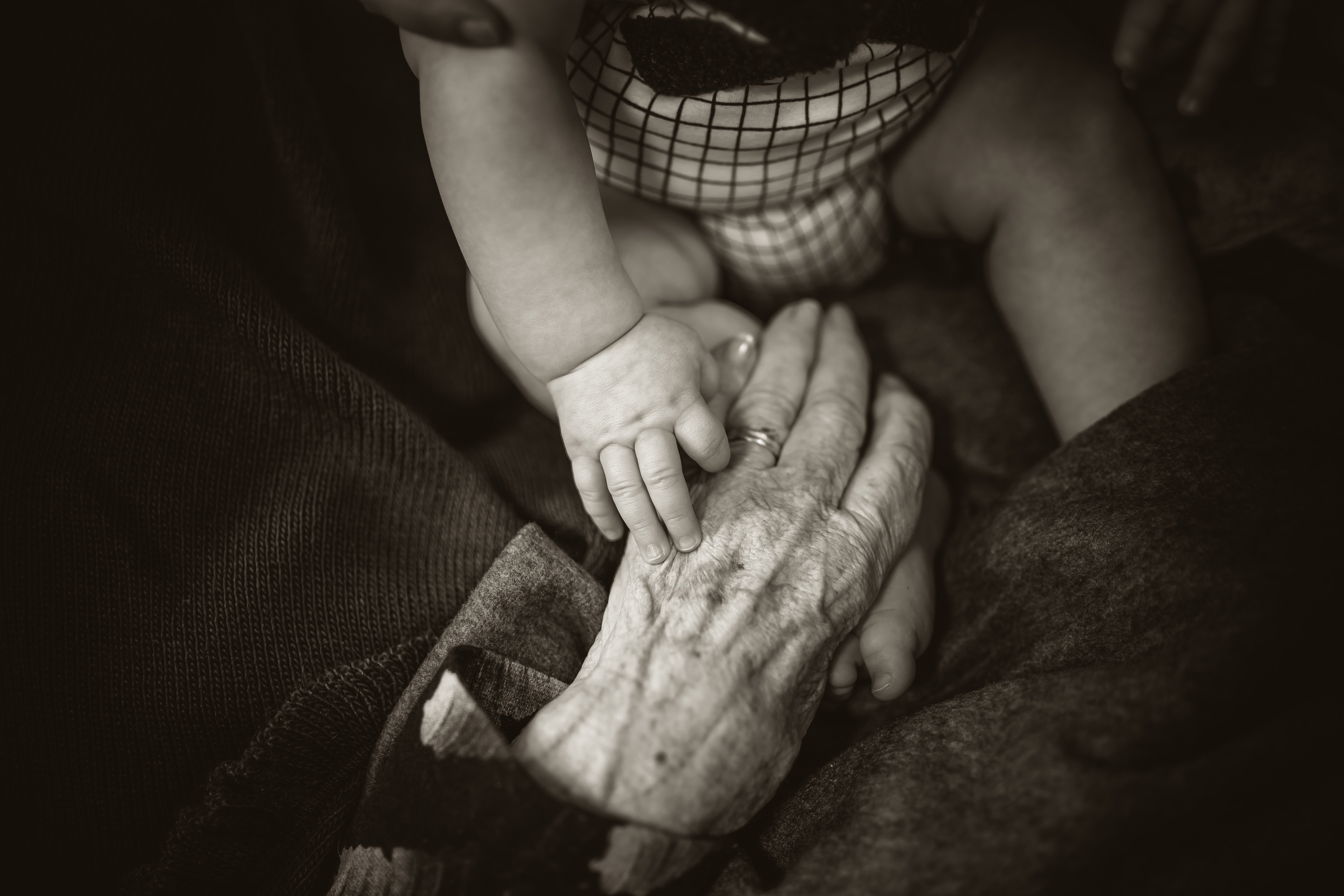 elderly person holds child's hand